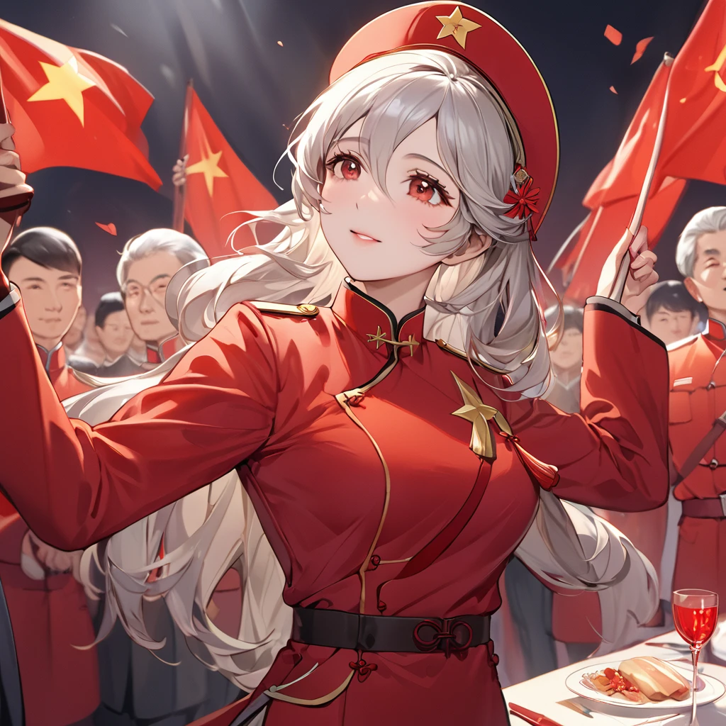 ((Highest quality)), ((masterpiece)), (detailed), (Perfect Face)、The woman is a Chinese Kaim with medium-long silver hair and an engagement ring. She is a member of the glorious Chinese Communist Party and has sworn absolute loyalty to the Communist Party of China. She is a righteous Communist Party member of China.、The woman is wearing the fine red uniform of a Chinese Communist Party member.、For the sake of China, they dye their hair, hairstyle, clothes, and everything they wear belongs to the Chinese Communist Party, and their thoughts are also Chinese, becoming great Chinese in body and mind.、The woman became a Chinese Kaim who was proud of China and loved it devotedly.、She is serving China as a member of the great Communist Party of China.、She is a beautiful, respectable and exemplary Communist.