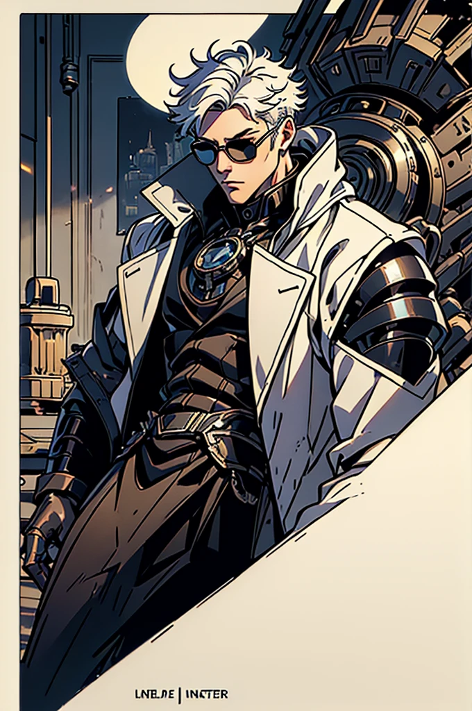 ((illustration)), (best quality)), ((masterpiece)), (detailed), adult, 1male, white hair,  jacket, black gloves, coat, sunglasses, leather, mechanical arms, claws, robot arms, solo, 1boy,