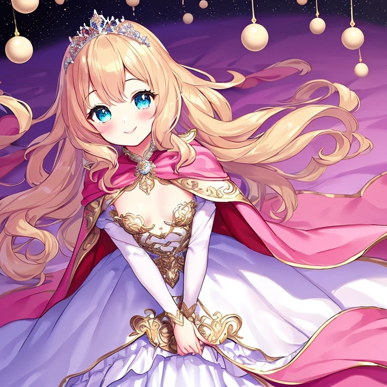 (best quality),(rococo style),(long train pastel pink cape:1.15), very long cape,(long train white ball gown with flower decorations:1.1), a girl is wearing a cape over her gown, 1 little princess, tiara, smile, very long hair, small breasts, looking at viewer