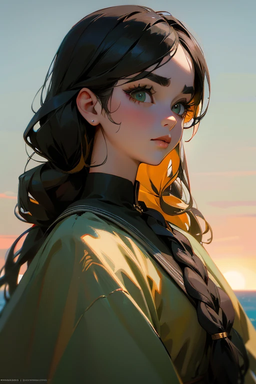 (Highest quality, masterpiece:1.2), High resolution, Very detailed, Realistic:1.37, Fantasy, An illustration, Green Eyes、Queen, Platinum decoration、beautifully、Eyeshadow Red、Thick eyebrows、Long eyelashes、pupils are black、Her hair is light green、Embarrassing、people々Loved by、Shoulder Bare、Braiding、((Swimwear)).(The image of the face remains the same),