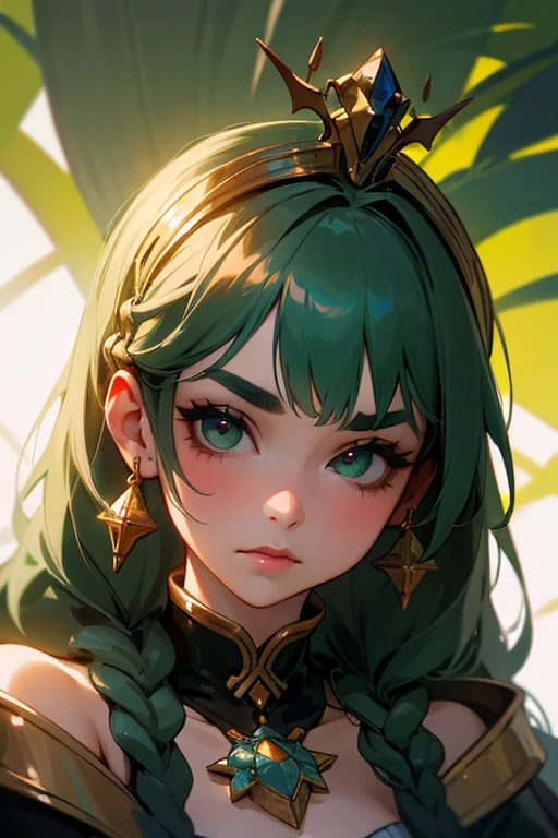 (Highest quality, masterpiece:1.2), High resolution, Very detailed, Realistic:1.37, Fantasy, An illustration, Green Eyes、Queen, Platinum decoration、beautifully、Eyeshadow Red、Thick eyebrows、Long eyelashes、pupils are black、Her hair is light green、Embarrassing、people々Loved by、Shoulder Bare、Braiding、((Swimwear)).(The image of the face remains the same),
