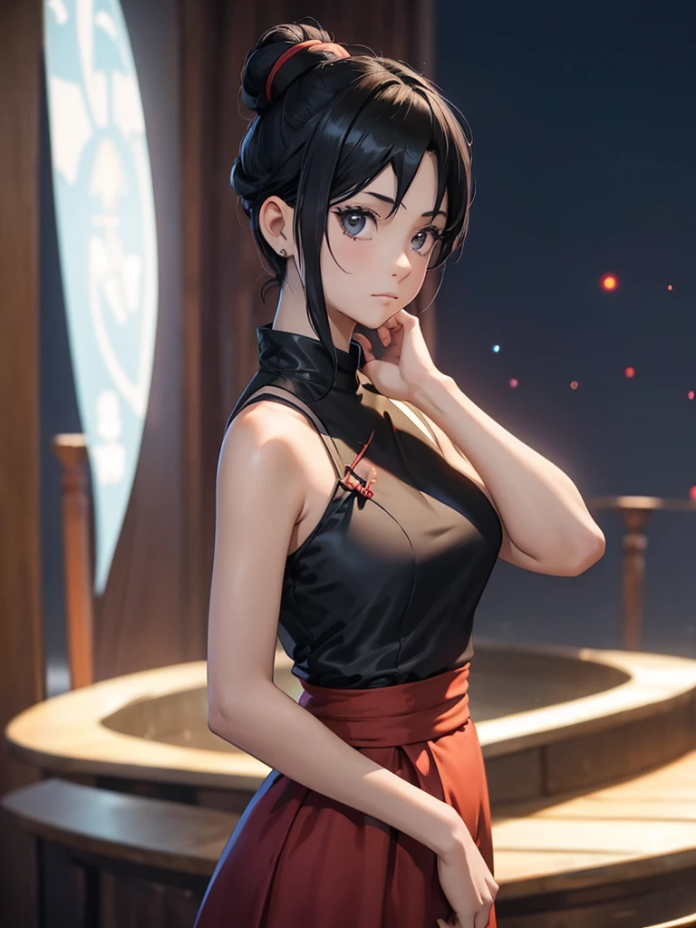 (Tenten), 1girl, wearing a  modern black colour party frock, at a night party, Tenten's hair style , 8k, high detailed, high quality