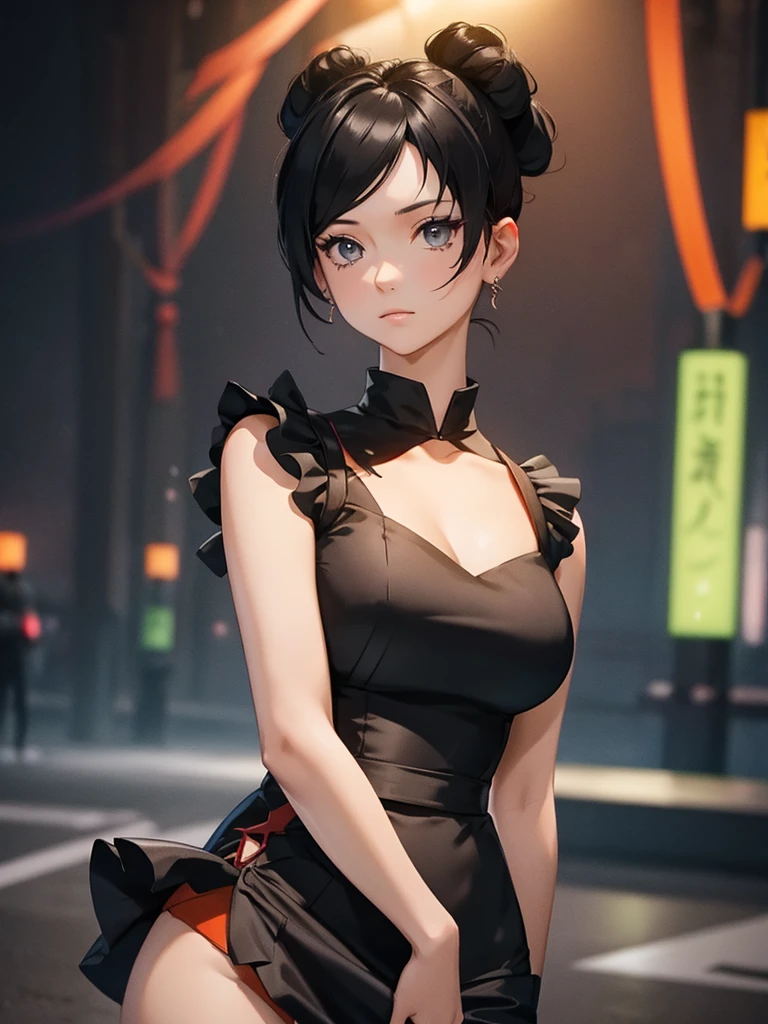 (Tenten), 1girl, wearing a  modern black colour party frock, at a night party, Tenten's hair style , 8k, high detailed, high quality