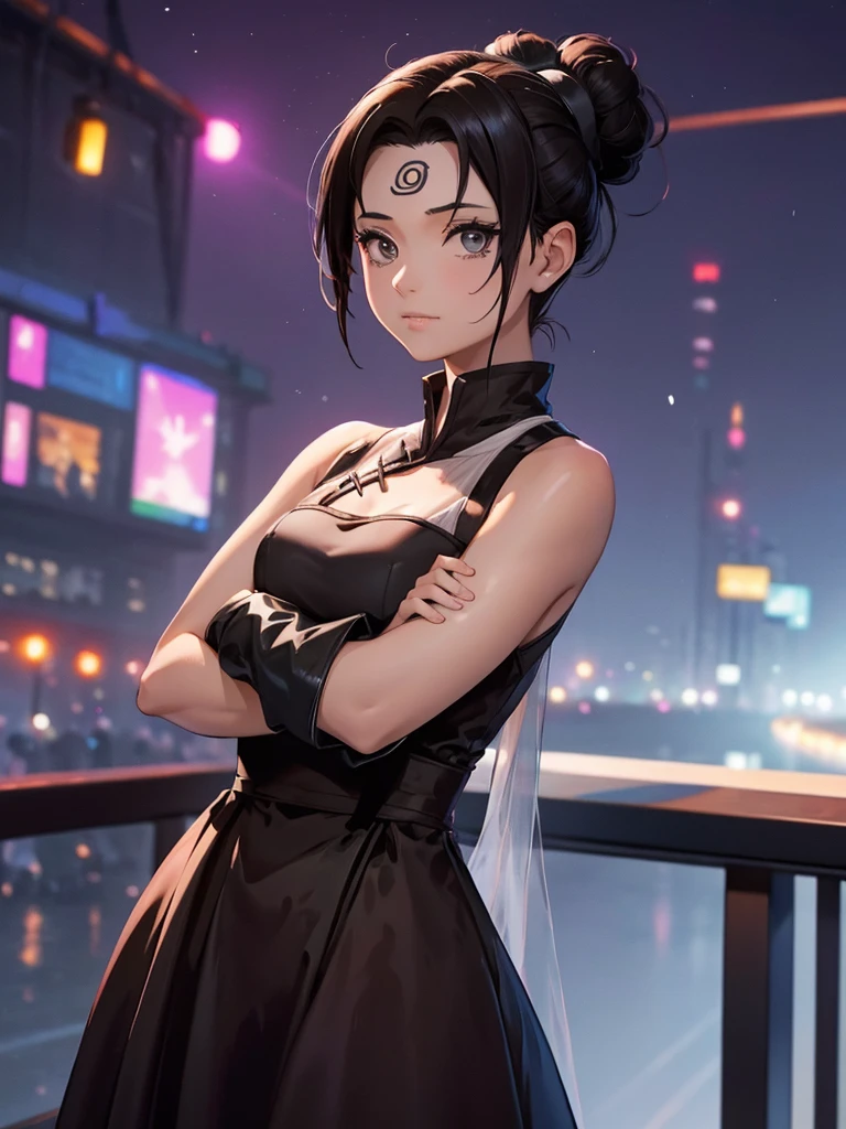 (Tenten), 1girl, wearing a  modern black colour party frock, at a night party, Tenten's hair style , 8k, high detailed, high quality