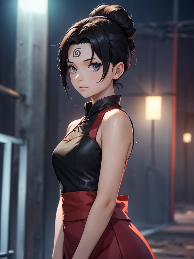 (Tenten), 1girl, wearing a  modern black colour party frock, at a night party, Tenten's hair style , 8k, high detailed, high quality