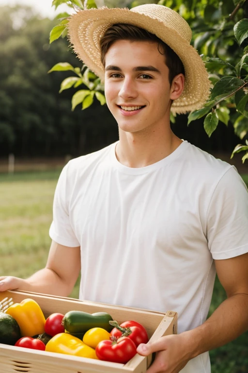 young cute handsome pretty beautiful white face soft skin skinny short hair without shirt carpenter picker picking vegetables in a box or basket hat