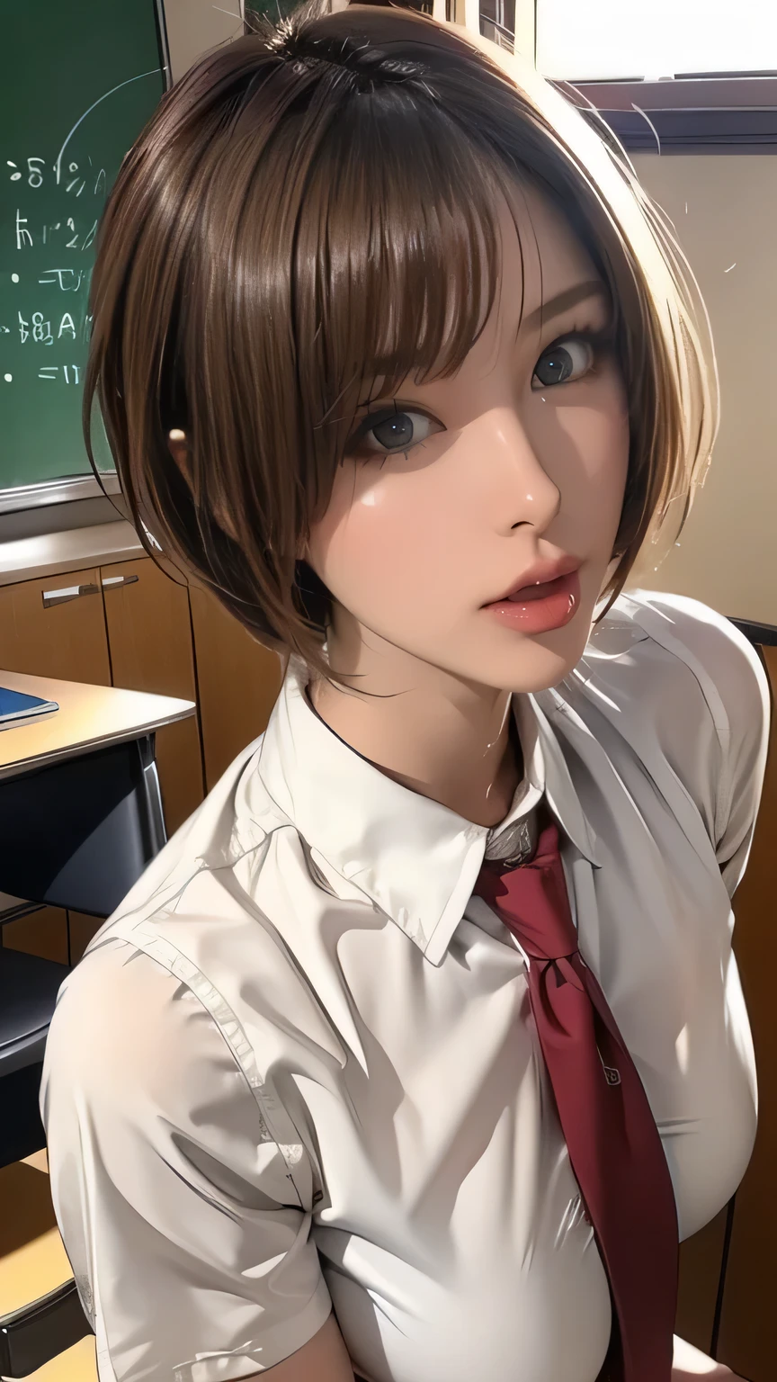 {best quality}, {very aesthetic}, {ultra-detailed}, {best illustration}, nsfw, girl, brown short hair, teacher uniform, classroom, fellatio, man, penis, lick glans, peck