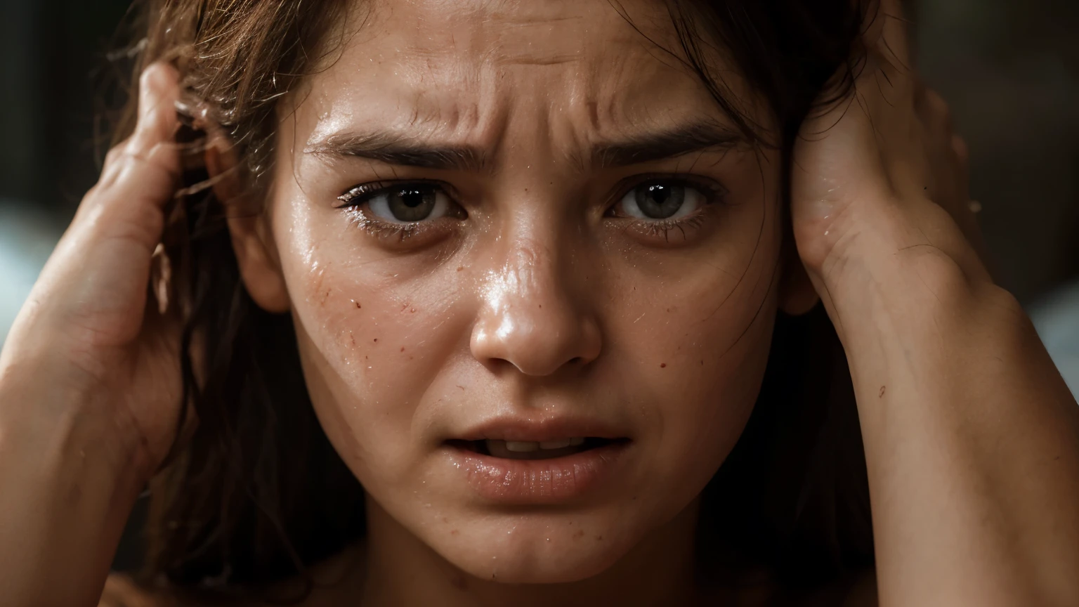 Extreme close-up of a person's face, expression of stress and nervousness, reddened skin. Shallow depth of field with blurred background suggesting tension. Dramatic lighting emphasizes the intensity of the moment.