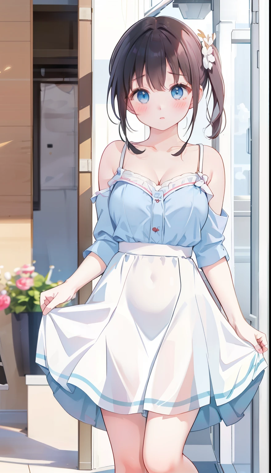 One Girl、positive、Standing posture、Full body portrait、Black Hair、Medium Haircut、blush、Absolute area、No panties、No bra、barefoot、Light blue dress、Off-the-shoulder dress、（Very large breasts）、Cleavage、((Lesbians around the world))、masterpiece、（highest quality）、、White heel sandals、Shirt buttons fly off、Unbutton your shirt、Exposing the breasts、