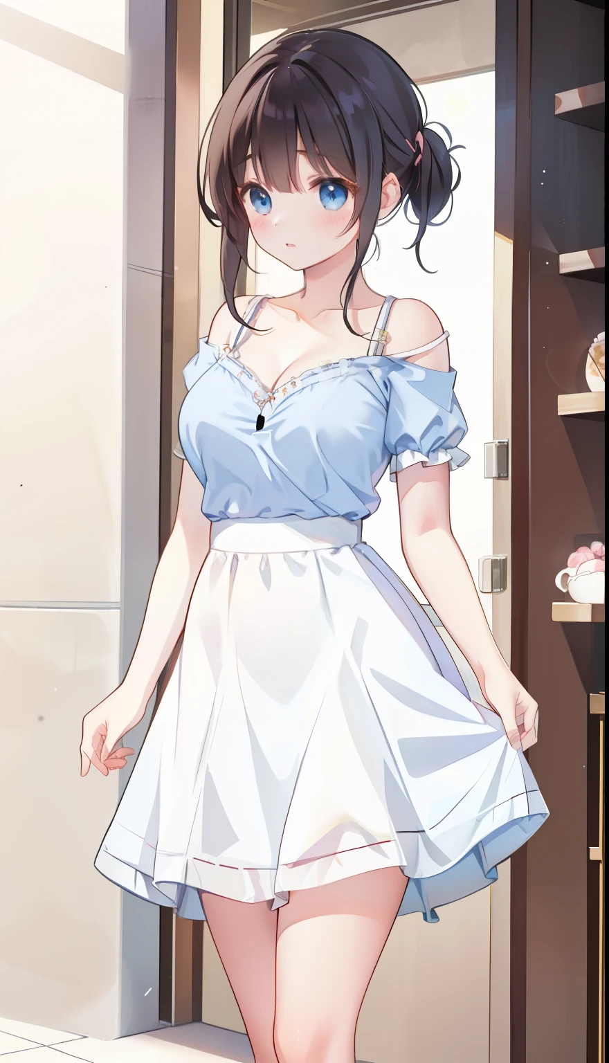 One Girl、positive、Standing posture、Full body portrait、Black Hair、Medium Haircut、blush、Absolute area、No panties、No bra、barefoot、Light blue dress、Off-the-shoulder dress、（Very large breasts）、Cleavage、((Lesbians around the world))、masterpiece、（highest quality）、、White heel sandals、Shirt buttons fly off、Unbutton your shirt、Exposing the breasts、