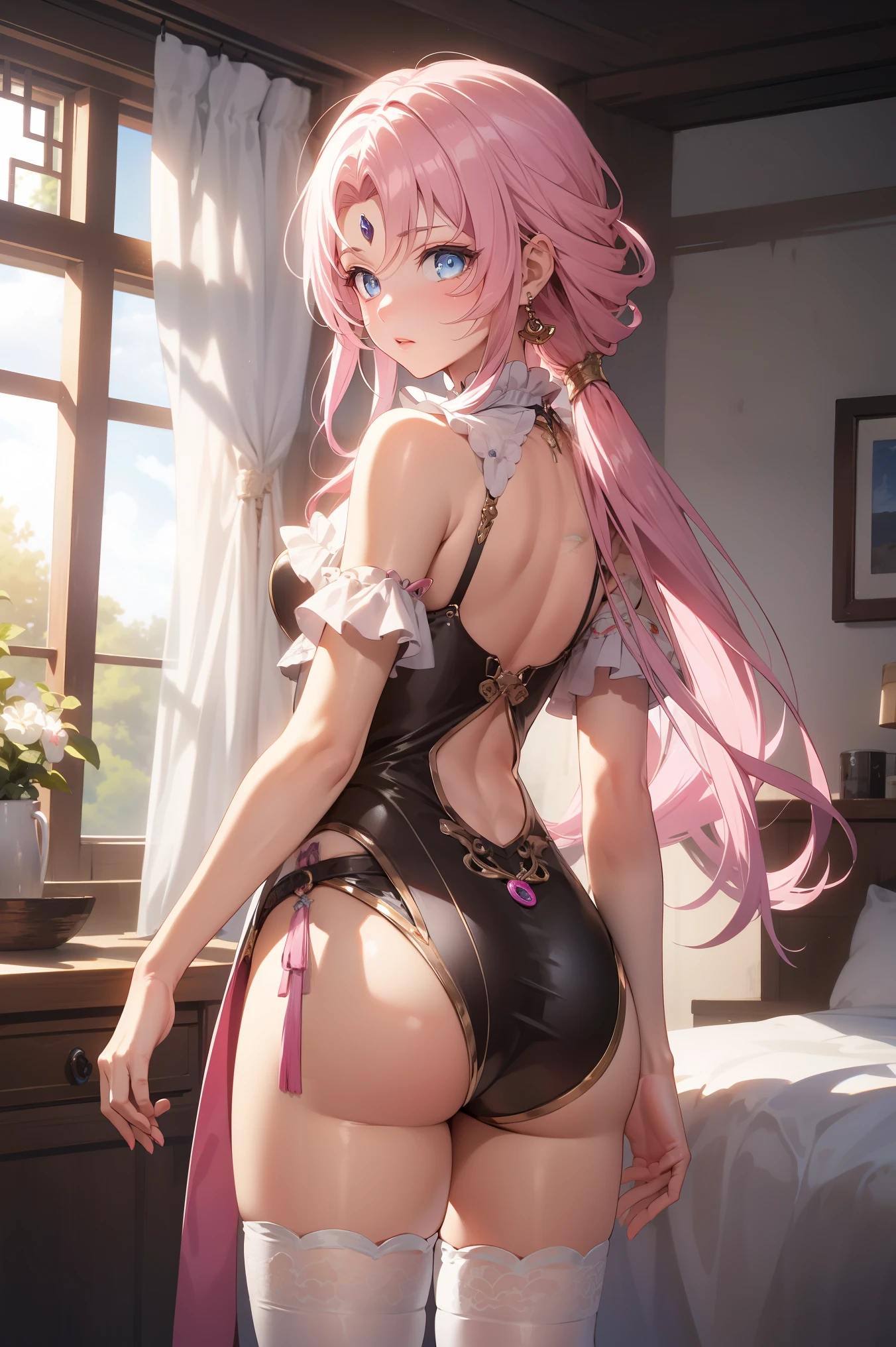 pink eye, pink hair,
BREAK (thigh highs, white thigh highs:1.2) 
BREAK from back view、Look back with a sideways glance,
BREAK (masterpiece:1.2), best quality, high resolution, unity 8k wallpaper, (illustration:0.8), (beautiful detailed eyes:1.6), extremely detailed face, perfect lighting, extremely detailed CG, (perfect hands, perfect anatomy),