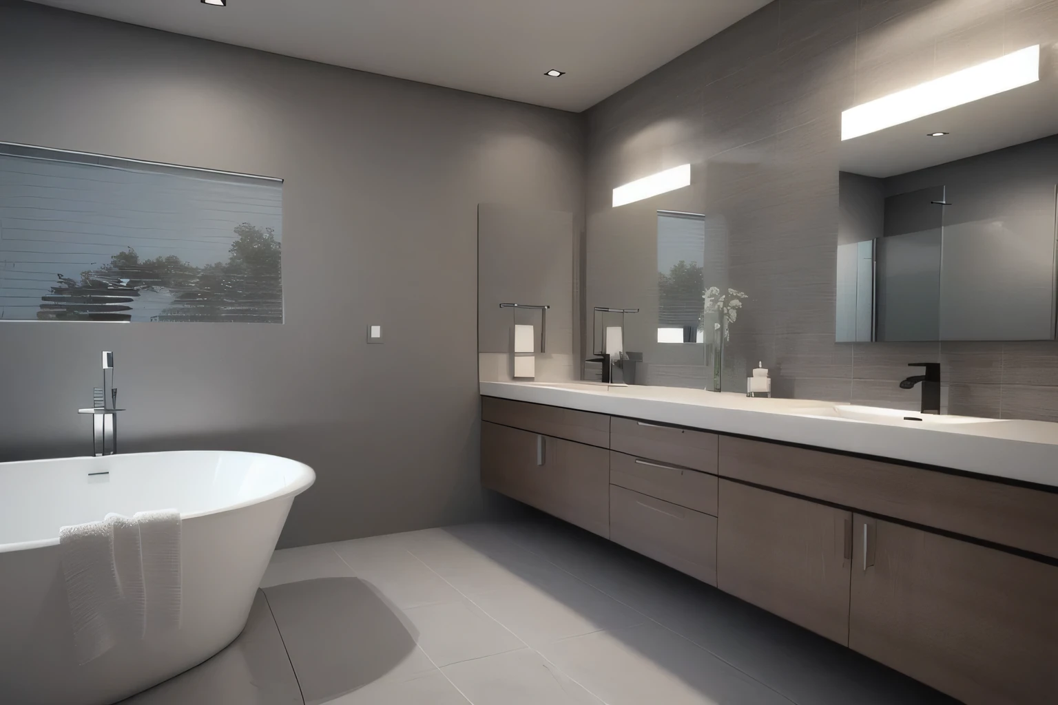 arafed bathroom with a large tub and a sink and a mirror, premium bathroom design, clean lines, modern bathroom, colour, tiling, sleek curves, contemporary, motivational, high quality render, elegant minimalism, graphite, vanity, subtle details, bathroom, high quality rendering, subtle detailing, elegant render, perfect detail, 3d rendering, 3 d rendering