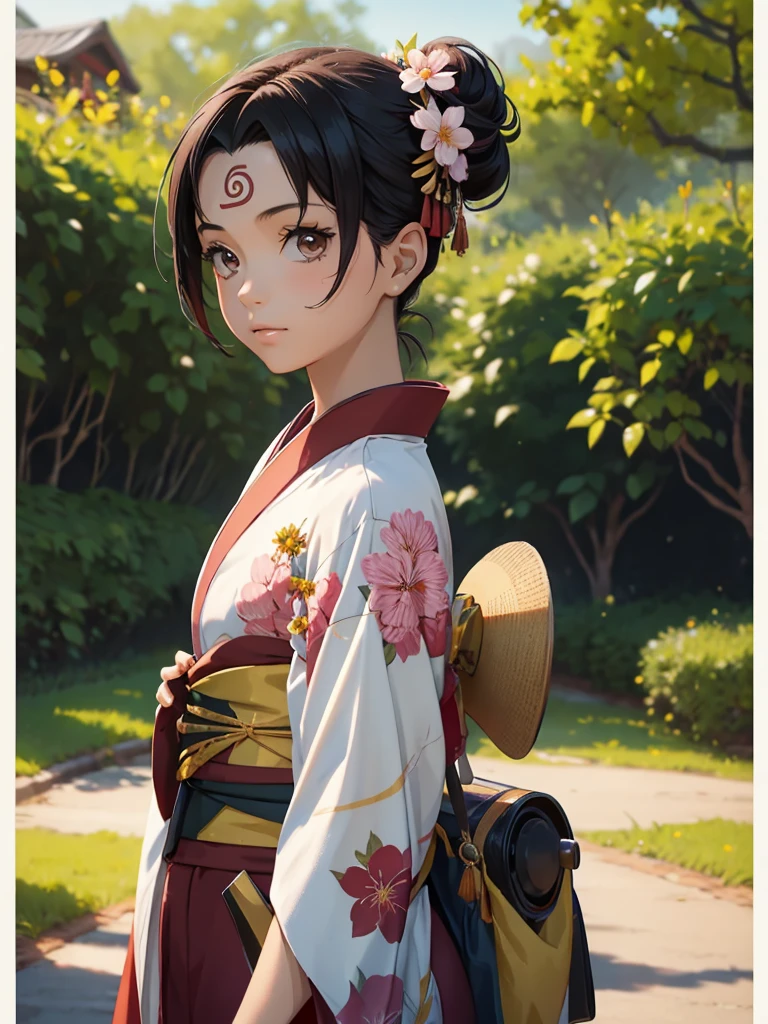 (Tenten), 1girl, wearing a kimono with flowers art, at a village, Tenten's hair style , 8k, high detailed, high quality