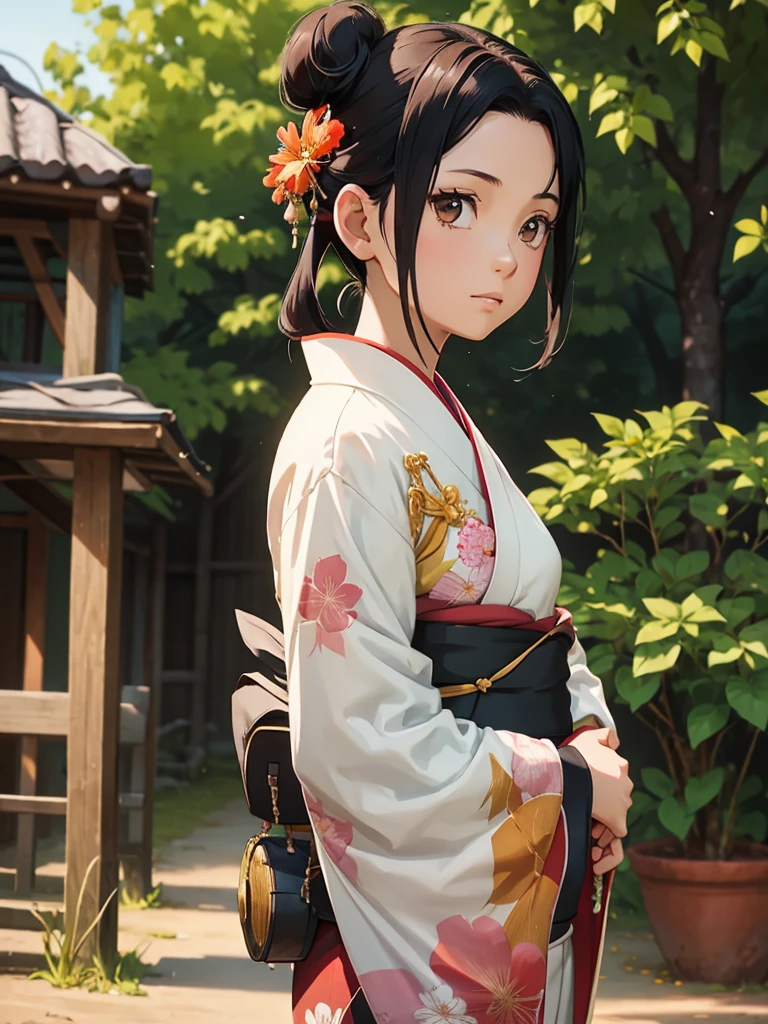 (Tenten), 1girl, wearing a kimono with flowers art, at a village, Tenten's hair style , 8k, high detailed, high quality