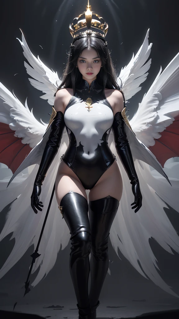 (Realistic picture, highest resolution, 16K), (A demon god with wide wings and enormous power on his shoulders., Twelve wings on the shoulders, 3 black bat wings:1.5, 3 white angel wings:1.5), 6 angel wings, 6 devil wings, (สาวสวยlong hairสองเมตร, shiny black hairงาม, Smooth white skin, Lips are very red.), ((stand, already)), (big breasts, หัวBig tits), (gigantic breast, breast augmentation, Breast 400 cc., small waist, hips raised, small thighs, Long legs), (dynamic poses), (Armor that slightly conceals the body), Separate theme, (Angel wings and devil wings), floating in the air above the groundดิน, background darkness, Embraced with twelve wings, wearing a large king crown, crown shining bright, wears little armor, There is power coming out of the body., sparkling wings, white light black light, amazing wings, beautiful gesture, 8K resolution, Resolution 4000 x 2250 pixels, beautiful gesture, Angel wings and devil wings, (Realistic picture, highest resolution, 16K), (A demon god with wide wings and enormous power on his shoulders.., Twelve wings on the shoulders., black bat wings:1.3 white angel wings:1.5), Angel wings and bat wings, wings inserted between wings, 12 wings, 6 angel wings, 6 bat wings, (สาวสวยlong hairสองเมตร, shiny black hair, Smooth white skin, Lips are very red.), very long hair, ((stand, toe)), (big breastsโต, หัวBig tits), (gigantic breast, small waist, hips raised, small thighs, Long legs), (dynamic poses), (black and white leotard, There are beautiful patterns., Decorated with gold embroidery., Show off your chest), Separate theme, (Angel Wings and Demon Lord Wings), floating in the air above the ground, standบนแสง, background darkness, Embraced with twelve wings, white and black light crown, A rainbow glow on the back of the head, The most busty breasts, Big tits, universe backdrop, dynamic gesture, thin, wings on shoulders, bat wings on shoulder, angel wings on shoulder, Demon Lord wings on shoulder, 12 wings, twelve wings, White wings, black wings, long hair, (wings fully spread out), (2 levels of devil wings, 2 levels of divine wings), The wings alternate layers perfectly.,