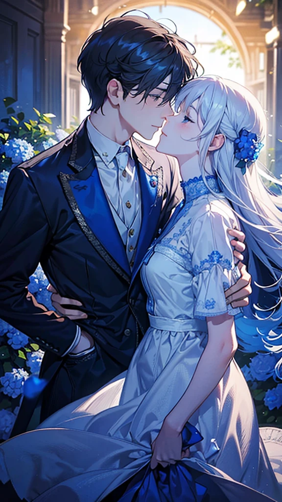 Create a realistic, photograph-style image of a couple sharing a tender kiss. The boy should have striking white hair, dressed in a crisp white t-shirt and stylish white blazer, while the girl should have flowing brown hair, wearing an elegant and soft outfit. Capture their close, intimate moment with their eyes gently closed. Set the scene with a beautifully blurred background of blue flowers and subtle, glowing light, mimicking the depth and warmth of a high-quality photograph. The overall effect should be romantic and captivating, reminiscent of a cherished, real-life moment. And having sex