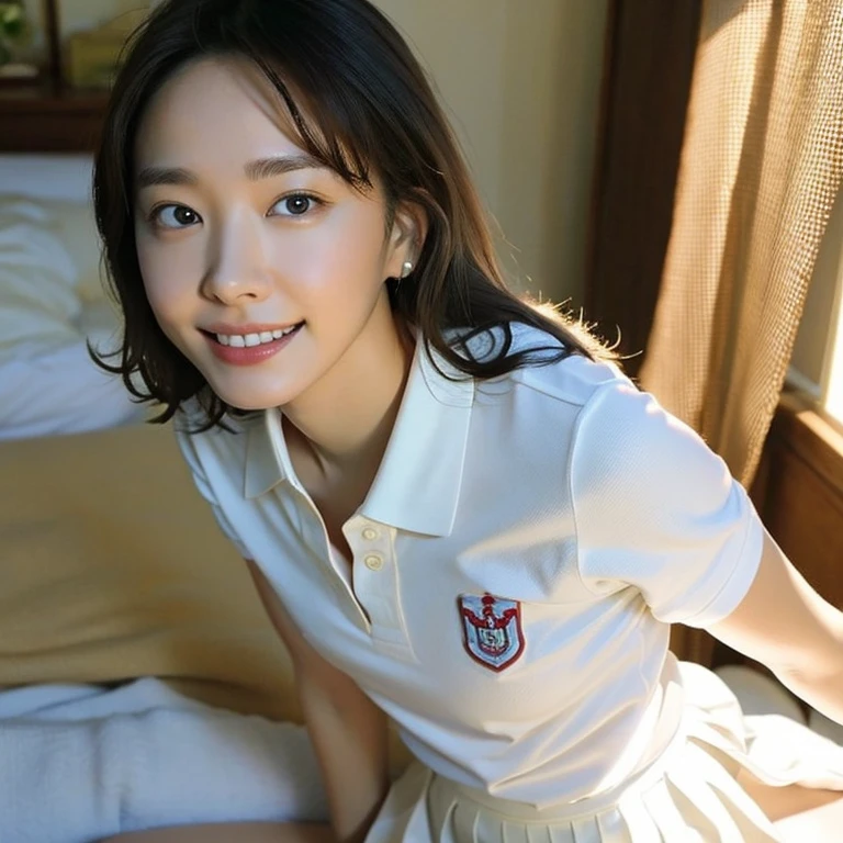 (Masterpiece, Best quality: 1.2), (Aerial shot: 1.3), (From side: 1.3), Looking at viewer, Natural light, 20 years old actress, Japanese women, Neat and clean, ((Wearing white tennis uniform, White polo shirt with collar, Not buttoning the polo shirt, White tennis Skirt, White pleated mini skirt: 1.2)), (High ponytail: 1.2) Medium wavy hair, (Beautiful Face), Glossy brown hair color, clear, (Beautiful detailed eyes, Kind eyes), (Clear skin), Small face, Beautiful small mouth, no makeup, Approachable, Hotel rooms, On bed, White socks, Seductive smile, Seductive pose,