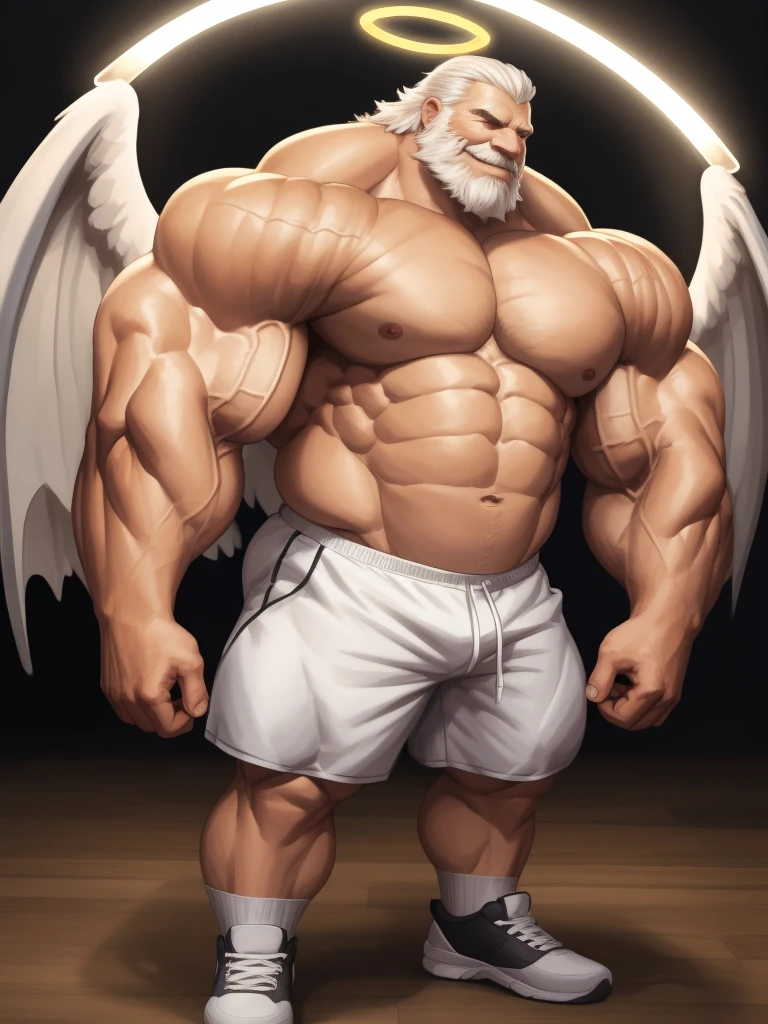 simple backgrond, Solo, 1boy, perfect anatomy, angel, perfect proportion, perfect center, (huge halo, wing, angel wings), sharp eyes, big eyes, peaceful, angel eyes, halo, (smile, happiness), calm, perfect fingers, big hand, fingers. Huge Muscular Old man with short hair, shoes, (white shorts), view from side, pectoral, thick arms, huge pectoral, wide pectoral, white hair, white beards, simple background, masterpiece, semirealistic:1.2, high detailed, 8k, high resolution, perfect center, full view. ((really big muscle, massive muscular, sixpack, thick arms, wide pectoral, super huge muscle, hyper muscular, over sized muscle, huge arms, big arms, huge pectoral))