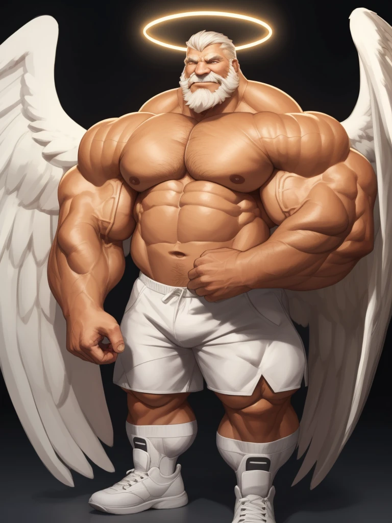 simple backgrond, Solo, 1boy, perfect anatomy, angel, perfect proportion, perfect center, (huge halo, wing, angel wings), sharp eyes, big eyes, peaceful, angel eyes, halo, (smile, happiness), calm, perfect fingers, big hand, fingers. Huge Muscular Old man with short hair, shoes, (white shorts), view from side, pectoral, thick arms, huge pectoral, wide pectoral, white hair, white beards, simple background, masterpiece, semirealistic:1.2, high detailed, 8k, high resolution, perfect center, full view. ((really big muscle, massive muscular, sixpack, thick arms, wide pectoral, super huge muscle, hyper muscular, over sized muscle, huge arms, big arms, huge pectoral))