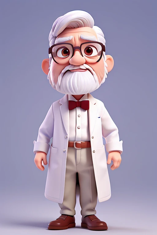 Pixar style image, short little man, 70 years old, He has a white beard, white mustache, White hair, teacher, wearing white coat and bow tie, wear glasses