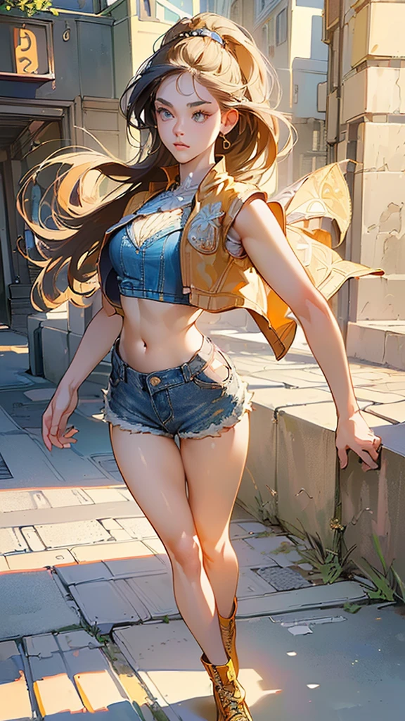 ((highest quality)),(ultra high resolution),(Super detailed),(detailed description),((best CG)),(best work of art),super precision art,amazing drawing art,(Art with precise details:1.5), (Adult woman walking on the street:1.6),(beautiful and well-shaped face:1.5),(crop top front open vest:1.6),(denim shorts:1.5),