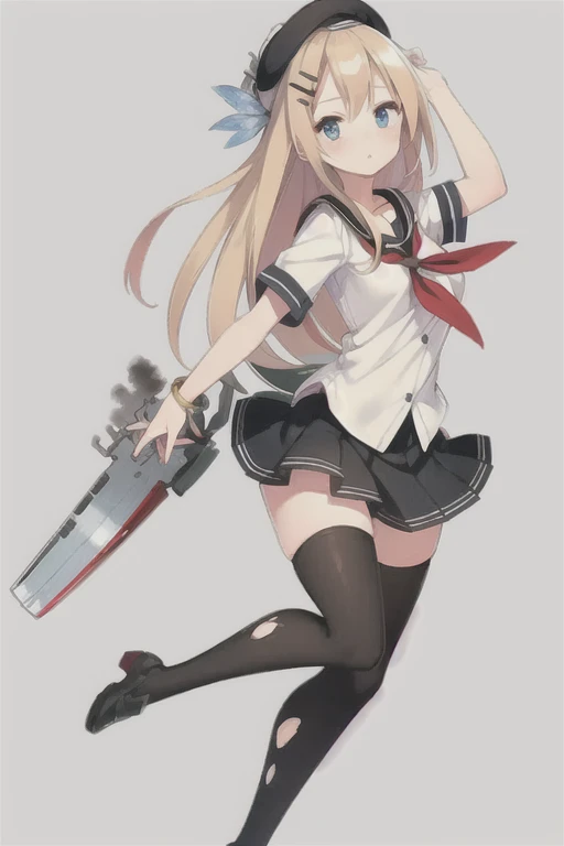 saratoga \(warship girls r\)，((masterpiece)),(((best quality))),((ultra-detailed)),((illustration)),((disheveled hair)),((frills)),(1 girl),(solo),1girl, beret, black footwear, black legwear, black skirt, blonde hair, blue eyes, bracelet, brown legwear, full body, gradient, hair ornament, hairclip, hat, jewelry, loafers, long hair, looking at viewer, neckerchief, pleated skirt, red neckerchief, ribbon, sailor collar, sailor hat, serafuku, shirt, shoes, short sleeves, skirt, solo, thighhighs, weapon, white headwear