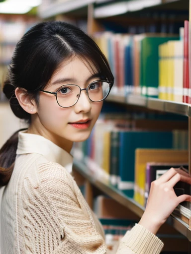   (8k, RAW photo, best quality, masterpiece), (photo realistic), outstanding details, ultra-high resolution, anatomically correct, textured skin, ((Extremely precise and accurate anatomy)),

A cute 28-year-old Japanese woman, librarian arranging books in the library, 

(fearless smile:0.1),  
(Downturned Eyes), (kind eyes:1.2) , kind Gaze, 
(chignon:1.4), low chignon, (Rimless round glasses), 
(light makeup) , 

looking at viewer, 
pupils sparkling,  thin lips, Mouth slightly open, 
dark brown hair, Forehead, 
white simple summer sweater, simple cotton Light brown flared skirt, 
Earrings, Necklace, 

Full Shot, whole body, (height: 148cm), High heels Has two legs,Has two arms、Has two legs, You need two arms, 

(background Spacious library interior, bookshelves), 
(backlighting), 
reflection light from below, 
atmospheric perspective, depth of field, 
(dramatic lighting), cinematic lighting, 