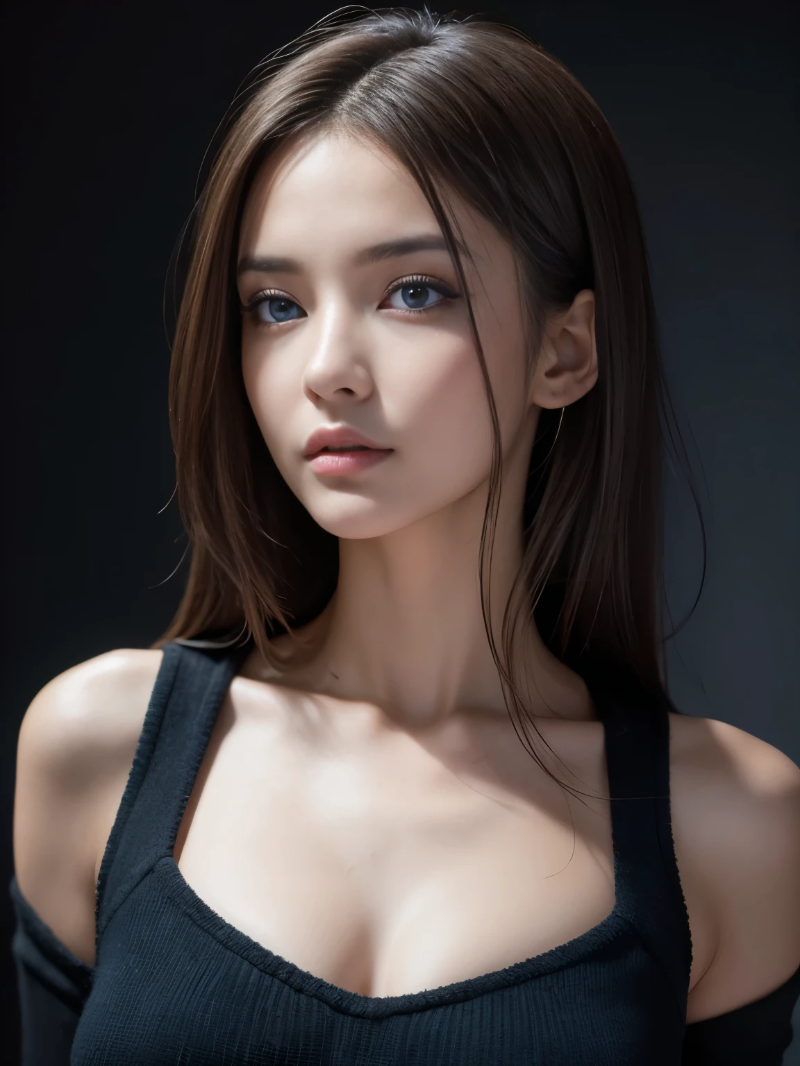 8K, Top Quality, Intricate Details, Ultra Detail, Ultra High Resolution, Masterpiece, full body, close up shot ,Slender, skinny, slim, Smile, (Makeup: 0.4), (Fluffy Blue Eyes: 1.21), blue Eyes, looking at viewer, (()), 1girl, solo, 1 girl, (( full body)), , , ((tall)), (((fit body))), (((slim face))), sharp face, sharp eyes, (((dark colour hair, )) , (detailed face), sharp face, small lips, standing , , , ,
(( )), ((shawl)), detailed face, detailed , , large breastil ass, , Beautl girl with accentuated slender abs: 1.4, Six Pack Abs: 1.4, Bust Botox, Big, Perfect Body, detail leg, (( dark background)), black background, full body,