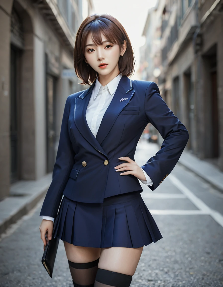 best quality, masterpiece, 1girl, Beautiful face, (photo realistic:1.3), rim lighting, (high detailed skin:1.2), 8k uhd, dslr, high quality, high resolution, 4k, 8k, Bokeh, absurdres, best ratio four finger and one thumb, (realistic:1.31), cute 1girl, wearing navy formal blazer, front blazer opened, (huge breasts, breasts cleavage opened:1.32), short skirt, hyper sharp, sharp focus, K-pop idol, J-pop idol, Italian woman,