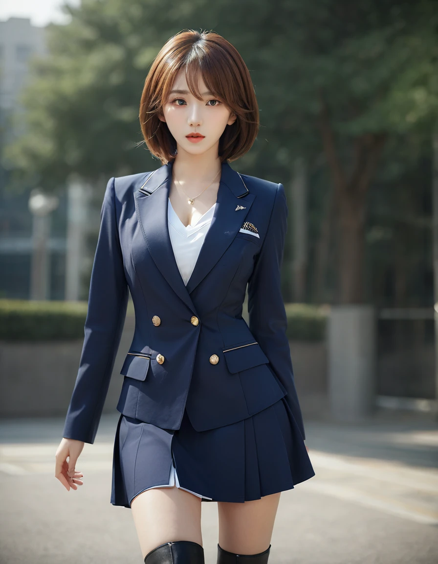 best quality, masterpiece, 1girl, Beautiful face, (photo realistic:1.3), rim lighting, (high detailed skin:1.2), 8k uhd, dslr, high quality, high resolution, 4k, 8k, Bokeh, absurdres, best ratio four finger and one thumb, (realistic:1.31), cute 1girl, wearing navy formal blazer, front blazer opened, (huge breasts, breasts cleavage opened:1.32), short skirt, hyper sharp, sharp focus, K-pop idol, J-pop idol, Italian woman,