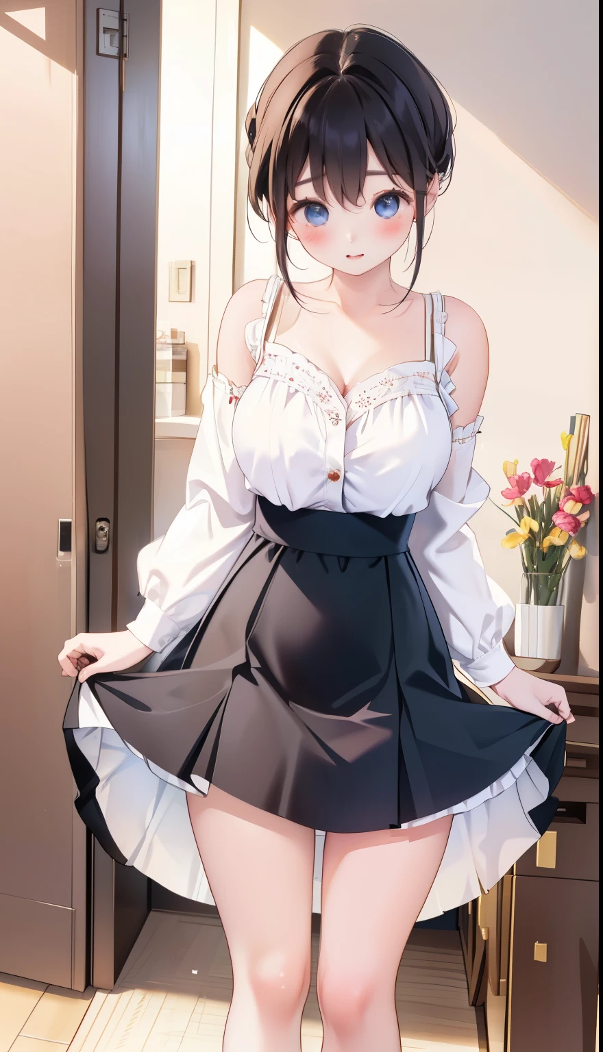 One Girl、positive、Standing posture、Full body portrait、Black Hair、Medium Haircut、blush、Absolute area、No panties、No bra、barefoot、Light blue dress、Off-the-shoulder dress、（Very large breasts）、Cleavage、((Lesbians around the world))、masterpiece、（highest quality）、、White heel sandals、Shirt buttons fly off、Unbutton your shirt、Exposing the breasts、