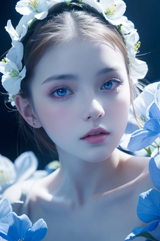 One woman, Blue Dai White, Photo art, (flower), Great photos with beautiful saturation, Ultra-high resolution,(Realistic:1.4)),Deep Shadow,(Highest quality, masterpiece), Pale skin, It&#39;s dim, shade, Panicked, blush, Very detailed, well rounded, Breaking Depth of Field, Film Grain, Wrinkled skin, View your viewers, knees, A gentle smile, (Upper Body), masterpiece,ultra Realistic,32K,Very detailed CG ユニティ 32k 壁紙, Highest quality,  (300mm lens, f/2.8), (a Japanese woman, (((24 years old)))), (plump lips:1.8, plump chin:1.8, plump cheeks:1.6, cute nose:1.5), smiling ,
