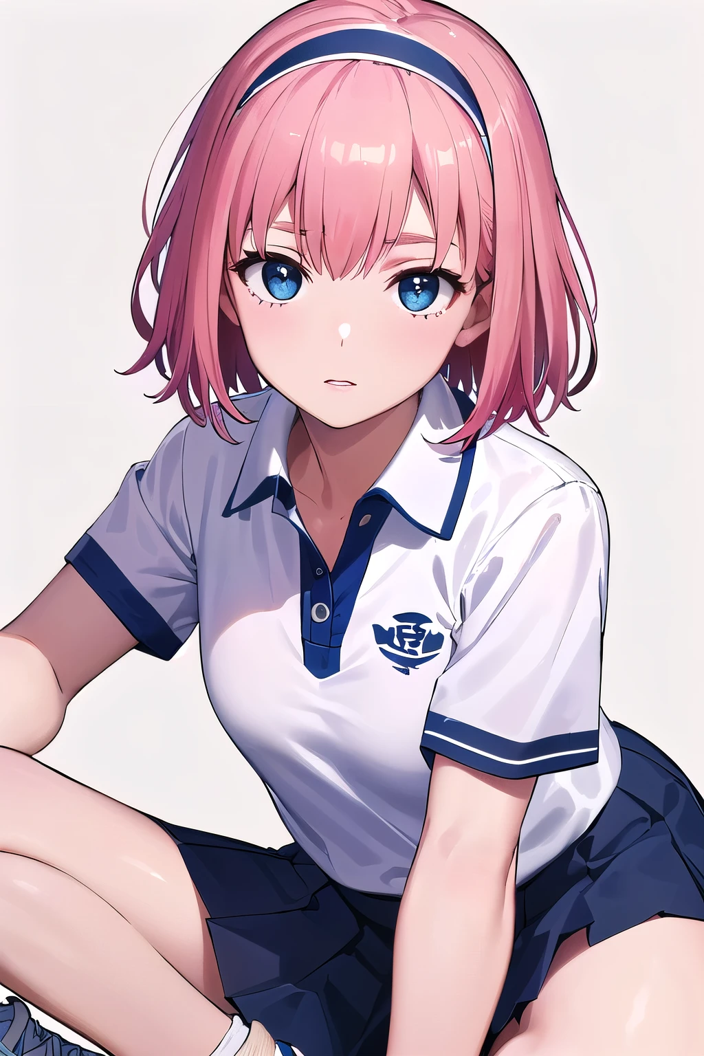 (8K, top-quality, masterpiece:1,2), (reallistic, Photorealsitic:1.37), Super Detail, One girl,), (Highly detailed), (beautifully detailed eyes), (of the highest quality), (super detailed ), (masterpiece), (Detailed face),20yr old, ,1 girl, ((pink hair,Very short hair)), medium breasts, clothed, Perfect Lighting, (white polo shirt with navy lines on collar and cuffs:1.3), (white pleated skirt with navy line on hem:1.3), fit and flare silhouette, sponsor logo on chest, (white ankle socks with navy line on top:1.2), (white sneakers with navy swoosh mark:1.2), white hairband, white wristwatch, white background