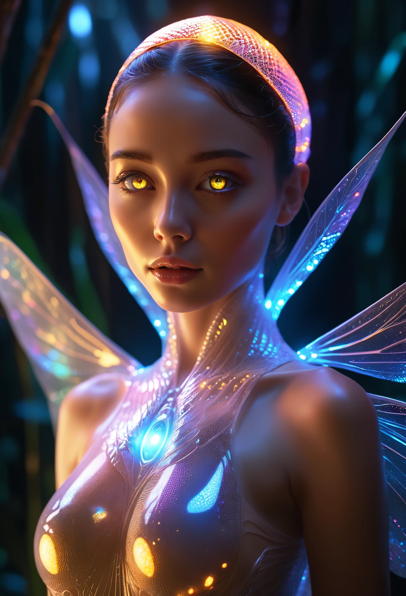 beautiful alien woman emerging from a cocoon, detailed beautiful face like cute girl and body, from back, (glowing eyes, glowing skin:1.5), intricate organic details, translucent wings, symmetrical face, ethereal lighting, cinematic, vibrant colors, digital art, highly detailed, 8k, photorealistic, (NSFW:1.3)m beautiful nipples, tits