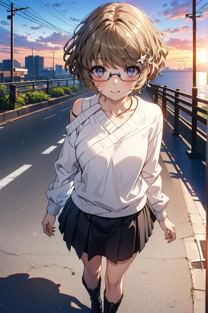 tomoekoga, Chie Koga, short hair, Brown Hair, blue eyes, Hair Clip,smile,One-shoulder sweater,Long skirt,short boots,Black-rimmed glasses,Walking,morning,morning陽,The sun is rising,whole bodyがイラストに入るように,
break outdoors, Building district,
break looking at viewer, whole body,
break (masterpiece:1.2), Highest quality, High resolution, unity 8k wallpaper, (figure:0.8), (Beautiful attention to detail:1.6), Highly detailed face, Perfect lighting, Highly detailed CG, (Perfect hands, Perfect ???????),