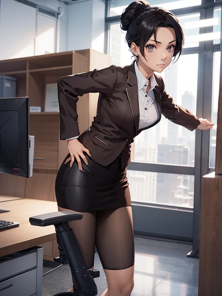 (Tenten), 1girl, wearing a office suit, black tight skirt at an office , Tenten's hair style , 8k, high detailed, high quality