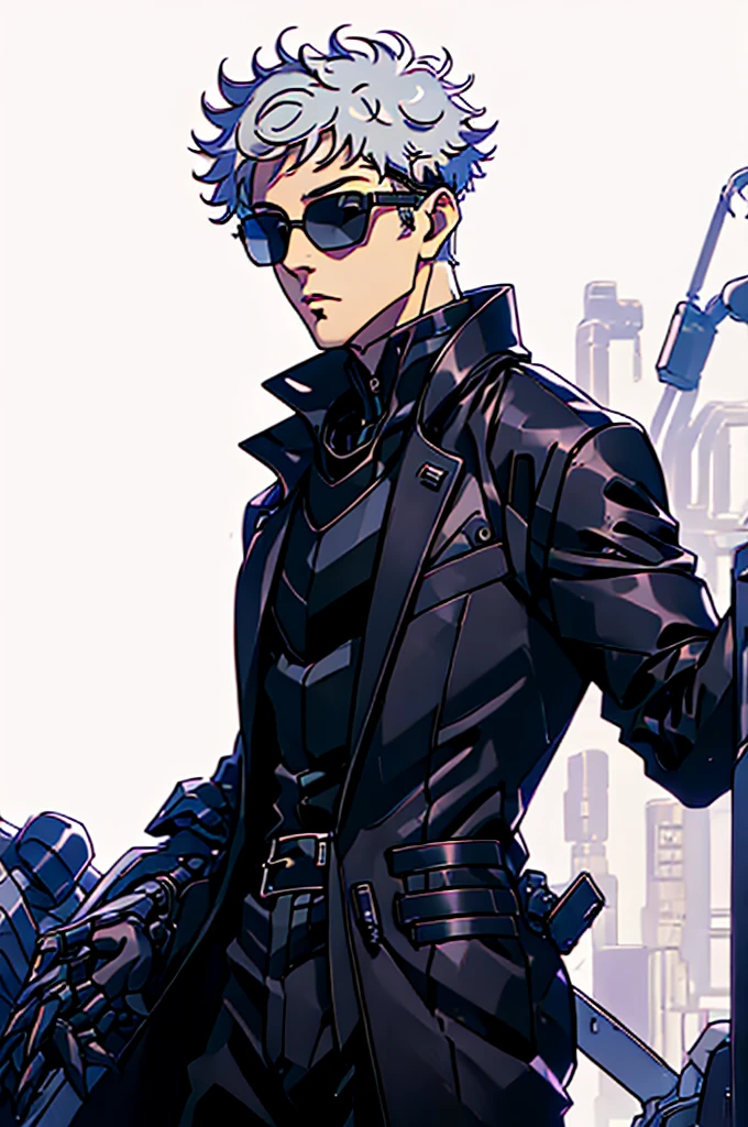 ((illustration)), (best quality)), ((masterpiece)), (detailed), adult, 1male, white hair,  jacket, black gloves, coat, sunglasses, leather, mechanical arms, claws, robot arms, solo, 1boy,