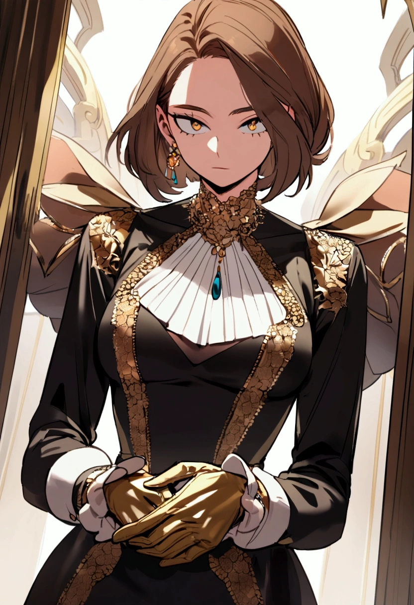 My hero academia, girl with long brown hair, golden eyes and gloved hands, chic fancy outfit