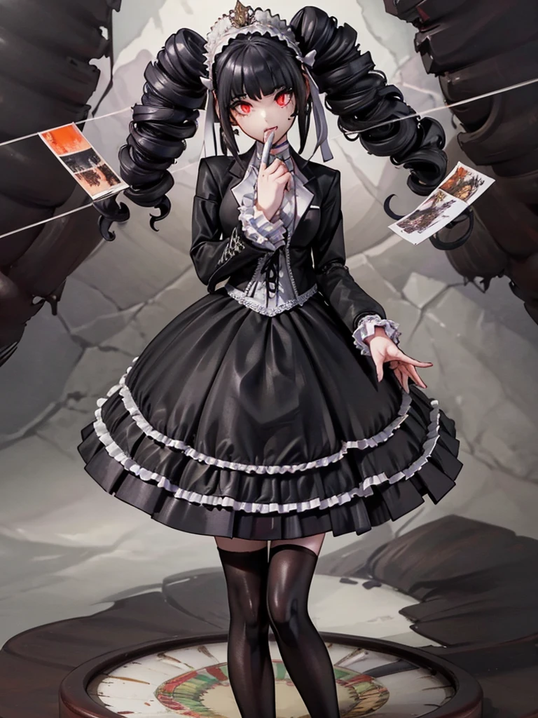 Celestia Ludenberg, Wearing black tights, hands on knees,Highest quality,((Highest quality)),((Tabletop)),((Perfect Face)),1 girl,Cold gaze,Long eyelashes, beauty,((Holographic)),(masterpiece:1.2, Highest quality),(Desolate desert background) , (Beautiful attention to detail: 1.2), (非常にdetailedな CG Unity 8K 壁紙, masterpiece, Highest quality, 非常にdetailed, Best Shadow), (detailedな背景), Chaotic Abstractionな背景, Vector Trace, Gradient blending and artistic elements add depth to your work. The overall atmosphere is creepy and nightmarish....., With a unique artistic touch. This movie is、The dark and crazy world of horror movies depicted in HD., Evoke visual stimuli and aesthetic sense, それ will terrify and excite the audience....,watercolor画, The background is a dark and desolate landscape, Horror movie atmosphere. Her figure is very beautiful, Emphasizing the dark and crazy elements. Skillfully expressing the effects of light and shadow, detailed, The face and expression of the black costume are also carefully drawn.....,sketch (Character design sheet, same characters, whole body, Three-View, front, ~ ~ ~ ~ ~ side, return) 1 female, Nervous,Cowboy Shot,,(Very bright:1.1), White Background, [1 girl:7], (Tilt your head:1.2), ([sketch|watercolor \(Moderate\)]:1.15),Chaotic Abstraction