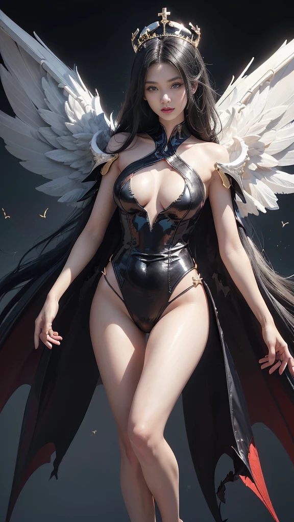 (Realistic picture, highest resolution, 16K), (A demon god with wide wings and enormous power on his shoulders., Twelve wings on the shoulders, 3 black bat wings:1.5, 3 white angel wings:1.5), 6 angel wings, 6 devil wings, (สาวสวยlong hairสองเมตร, shiny black hairงาม, Smooth white skin, Lips are very red.), ((stand, already)), (big breasts, หัวBig tits), (gigantic breast, breast augmentation, Breast 400 cc., small waist, hips raised, small thighs, Long legs), (dynamic poses), (Armor that slightly conceals the body), Separate theme, (Angel wings and devil wings), floating in the air above the groundดิน, background darkness, Embraced with twelve wings, wearing a large king crown, crown shining bright, wears little armor, There is power coming out of the body., sparkling wings, white light black light, amazing wings, beautiful gesture, 8K resolution, Resolution 4000 x 2250 pixels, beautiful gesture, Angel wings and devil wings, (Realistic picture, highest resolution, 16K), (A demon god with wide wings and enormous power on his shoulders.., Twelve wings on the shoulders., black bat wings:1.3 white angel wings:1.5), Angel wings and bat wings, wings inserted between wings, 12 wings, 6 angel wings, 6 bat wings, (สาวสวยlong hairสองเมตร, shiny black hair, Smooth white skin, Lips are very red.), very long hair, ((stand, toe)), (big breastsโต, หัวBig tits), (gigantic breast, small waist, hips raised, small thighs, Long legs), (dynamic poses), (black and white leotard, There are beautiful patterns., Decorated with gold embroidery., Show off your chest), Separate theme, (Angel Wings and Demon Lord Wings), floating in the air above the ground, standบนแสง, background darkness, Embraced with twelve wings, white and black light crown, A rainbow glow on the back of the head, The most busty breasts, Big tits, universe backdrop, dynamic gesture, thin, wings on shoulders, bat wings on shoulder, angel wings on shoulder, Demon Lord wings on shoulder, 12 wings, twelve wings, White wings, black wings, long hair, (wings fully spread out), (2 levels of devil wings, 2 levels of divine wings), The wings alternate layers perfectly., (((ชั้นปีกนางฟ้าสีขาวสลับชั้นกับblack bat wings)))