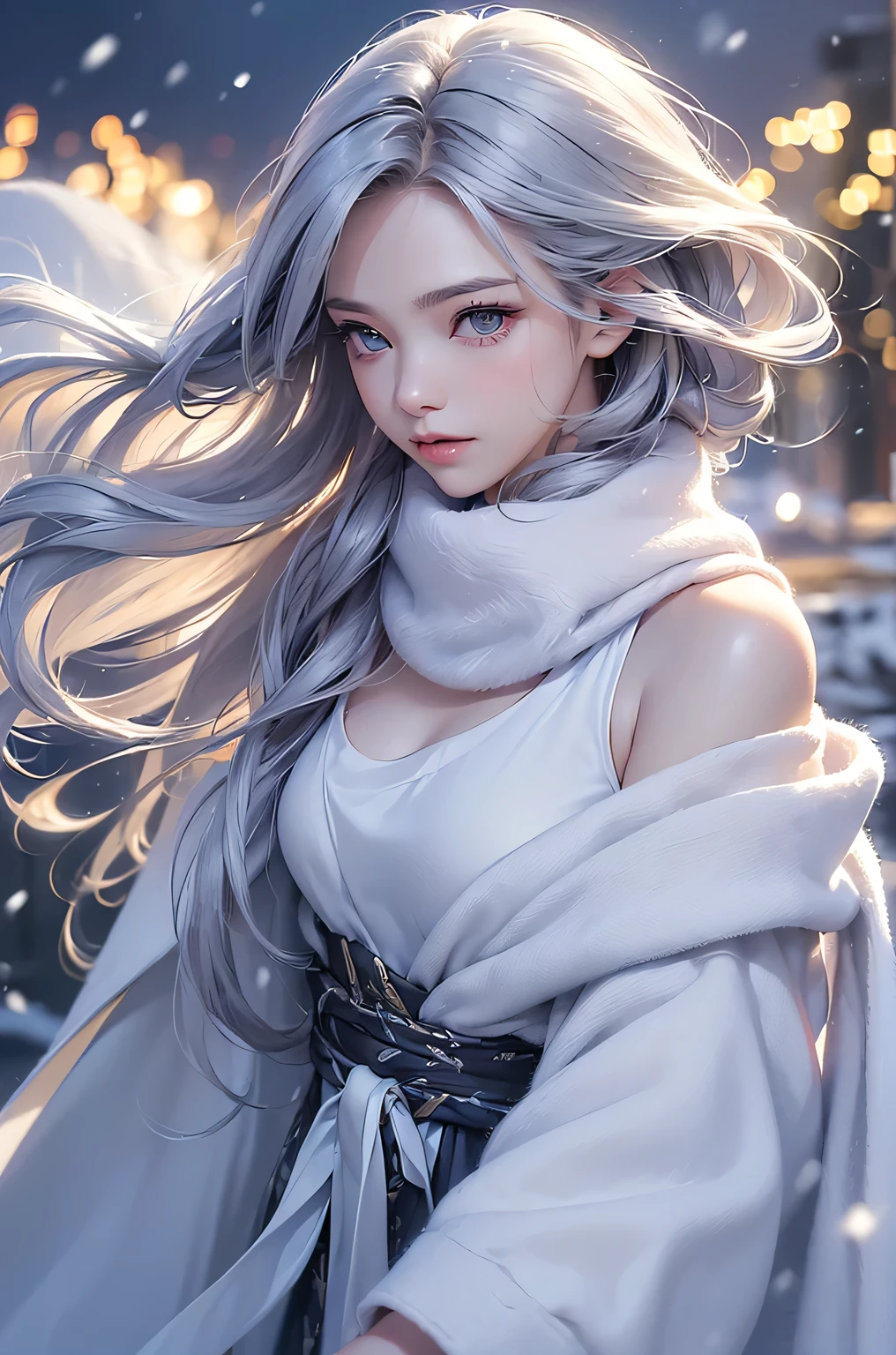 ((masterpiece:1.5、8k、Portraiture、Photorealistic and very detailed CG、Very detailed、Particle Effects、Dynamic Effects、Shallow depth of field、Cinematic Light、Lens flare、Ray Tracing、Tabletop、Realistic:1.4、Ultra-high resolution:1.2、Realistic、Realistic))((alone、,A woman wearing a cashmere coat over an off-the-shoulder dress:1.4、wear a long scarf、Elegant woman posing、Detailed face、brightexpression、young, bright, Whiter skin、Ample breasts、Best Looks、Ultimate beauty、Shiny silver hair with highlights、bright and shiny hair,、Super long, Silky straight hair、Hair dancing in the wind))(morning、The setting is outdoors in the snow、Surrounded by illuminations)
