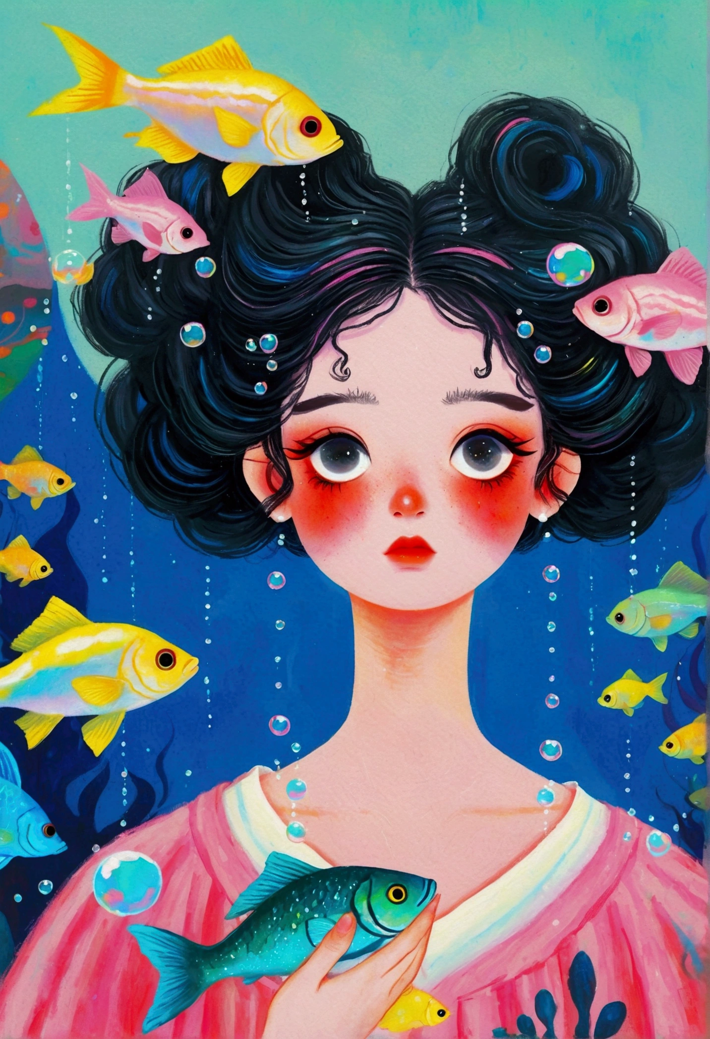 Pastel Art Illustration：A painting of a woman with fish in her hair,Bubbles， Jin Nong&#39;s Surrealism, Winner of the Behance competition, Pop surrealism, Color illustrations, A beautiful artistic illustration, Colorfull illustration, Pop surrealism art style, Digital illustration style, Fantasy illustrations, Illustration Art, Magical surrealism, Digital fantasy illustration, Pop surrealism lowbrow art style,Solid color background