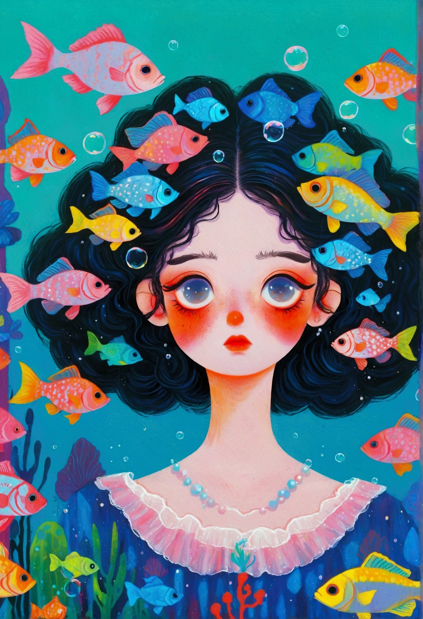 Pastel Art Illustration:A painting of a woman with fish in her hair,Bubbles, Jin Nong's Surrealism, Winner of the Behance competition, Pop surrealism, Color illustrations, A beautiful artistic illustration, Colorfull illustration, Pop surrealism art style, Digital illustration style, Fantasy illustrations, Illustration Art, Magical surrealism, Digital fantasy illustration, Pop surrealism lowbrow art style,Solid color background