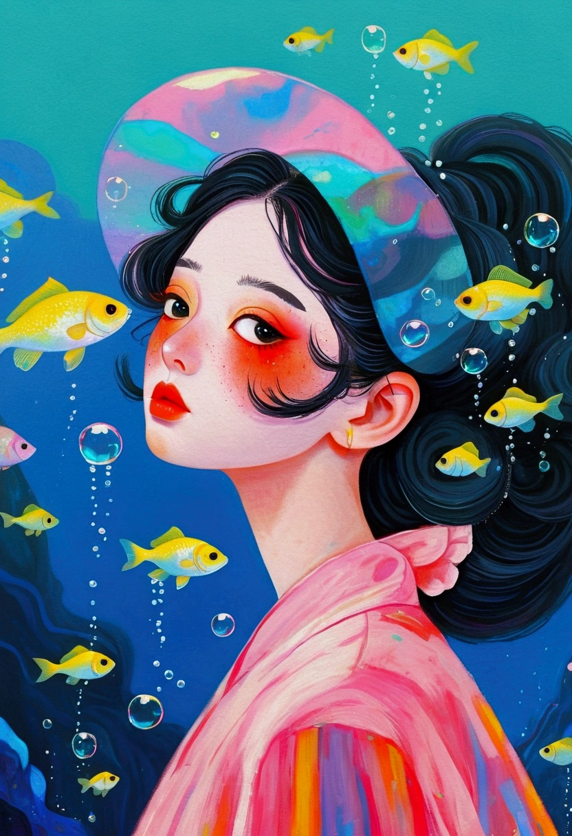 Pastel Art Illustration:A painting of a woman with fish in her hair,Bubbles, Jin Nong's Surrealism, Winner of the Behance competition, Pop surrealism, Color illustrations, A beautiful artistic illustration, Colorfull illustration, Pop surrealism art style, Digital illustration style, Fantasy illustrations, Illustration Art, Magical surrealism, Digital fantasy illustration, Pop surrealism lowbrow art style,Solid color background