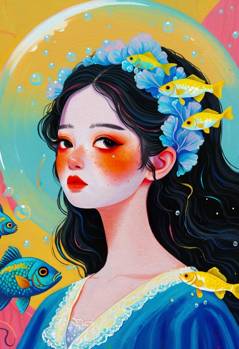 Pastel Art Illustration:A painting of a woman with fish in her hair,Bubbles, Jin Nong's Surrealism, Winner of the Behance competition, Pop surrealism, Color illustrations, A beautiful artistic illustration, Colorfull illustration, Pop surrealism art style, Digital illustration style, Fantasy illustrations, Illustration Art, Magical surrealism, Digital fantasy illustration, Pop surrealism lowbrow art style,Solid color background