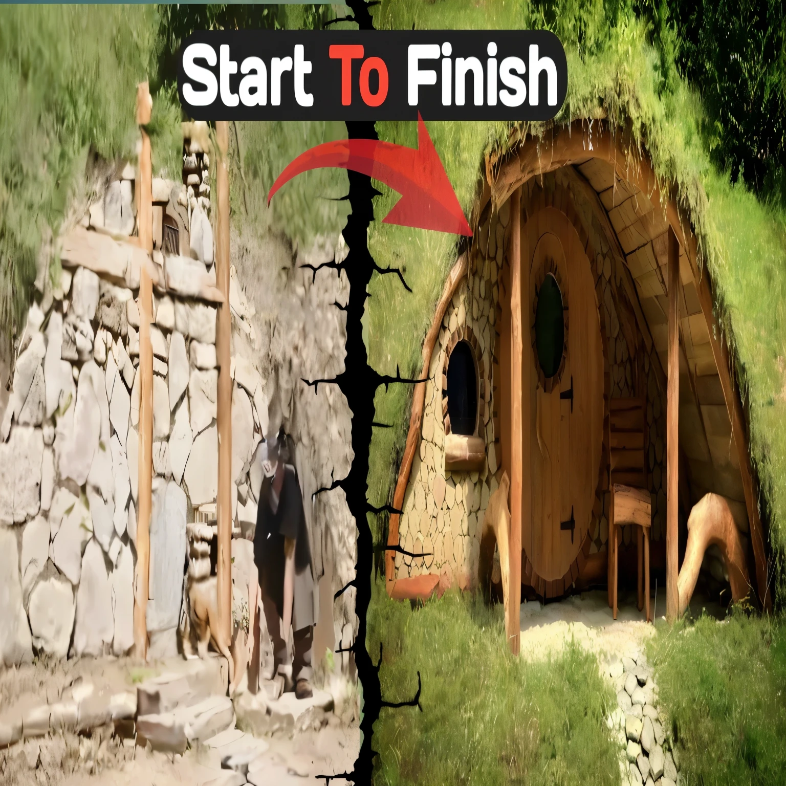 there is a picture of a man and a dog standing outside of a house, inside a medieval hobbit home, hobbit hole, amazing!, in his hobbit home, finally, interior of a hobbit hole, starts, earthship, wow!!!!!!, start, inspired lord of the rings, hone finished, inspiring, youtube thumbnail, last photo, easy to use