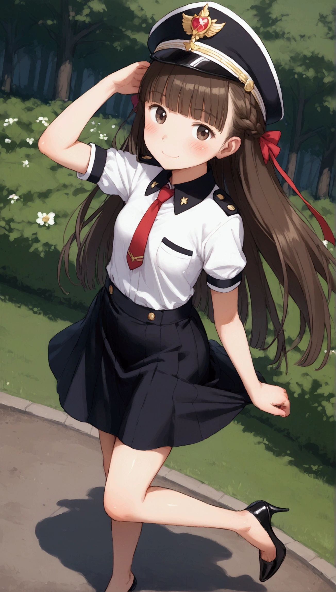 {Highest quality}, {Super beautiful},{Ultra fine},{Best illustration},Brown Hair,Hime cut,long hair,Braid,One woman,Standing Woman,Strike a pose,smile,smilingly,Uniform cap,White Shirt,Short sleeve,Long black skirt,at the park,Blushing,Slender,Black stiletto heels,barefoot,One leg bent,From an angle,from the front