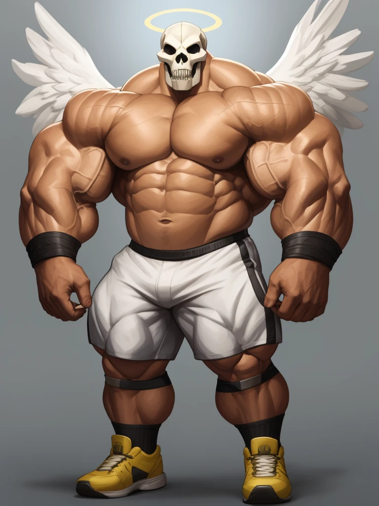 simple background, Solo, 1boy, perfect anatomy, angel, perfect proportion, skull head, skull face, perfect center, sharp eyes, big eyes, peaceful, angel eyes, halo, (smile, happiness), calm, perfect fingers, big hand, fingers. Huge Muscular Old man with short hair, shoes, (white shorts), view from side, pectoral, thick arms, huge pectoral, wide pectoral, white hair, white beards, simple background, masterpiece, semirealistic:1.2, high detailed, 8k, high resolution, perfect center, full view. ((really big muscle, massive muscular, sixpack, thick arms, wide pectoral, super huge muscle, hyper muscular, over sized muscle, huge arms, big arms, huge pectoral))