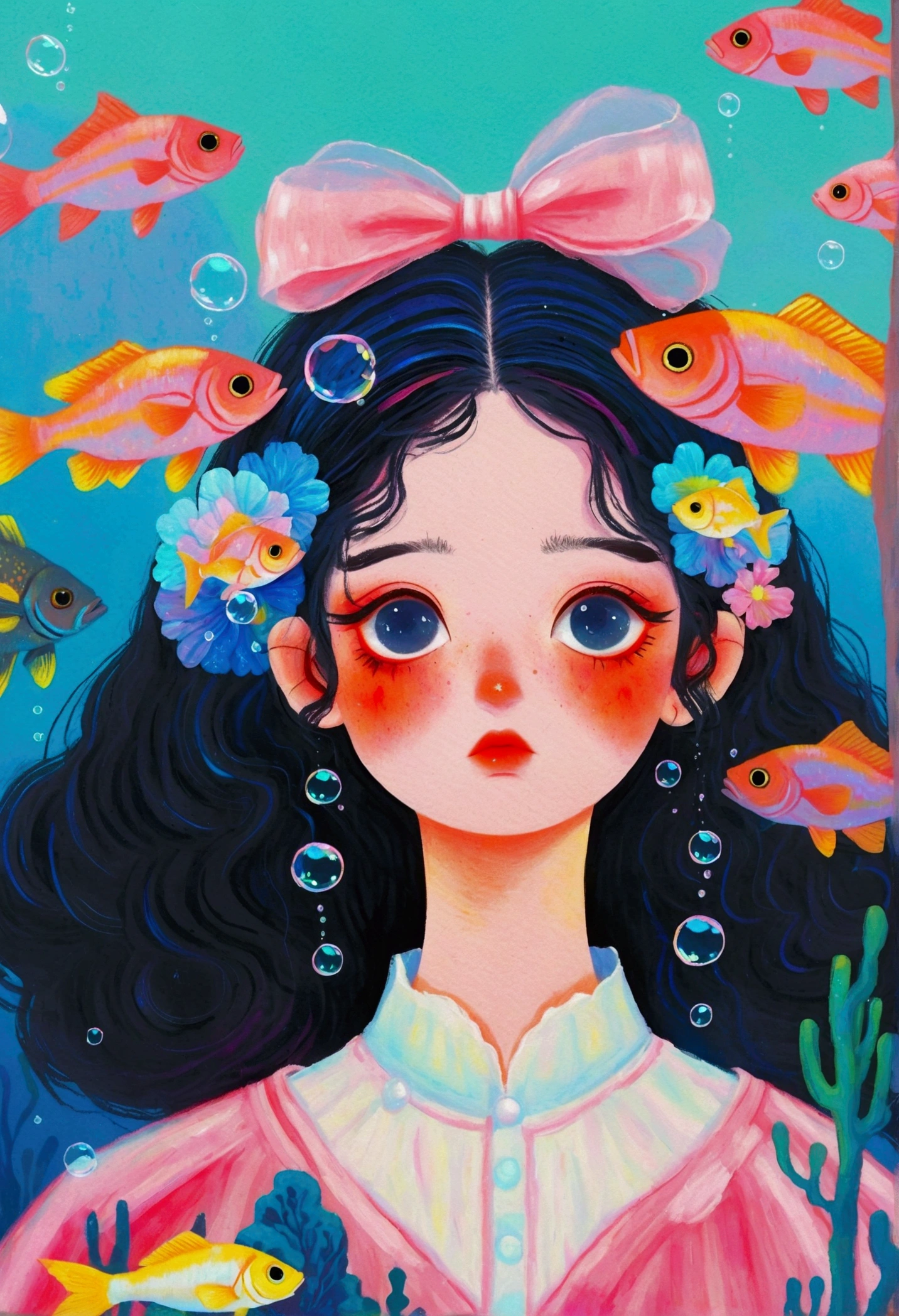 Pastel Art Illustration:A painting of a woman with fish in her hair,Bubbles, Jin Nong's Surrealism, Winner of the Behance competition, Pop surrealism, Color illustrations, A beautiful artistic illustration, Colorfull illustration, Pop surrealism art style, Digital illustration style, Fantasy illustrations, Illustration Art, Magical surrealism, Digital fantasy illustration, Pop surrealism lowbrow art style,Solid color background