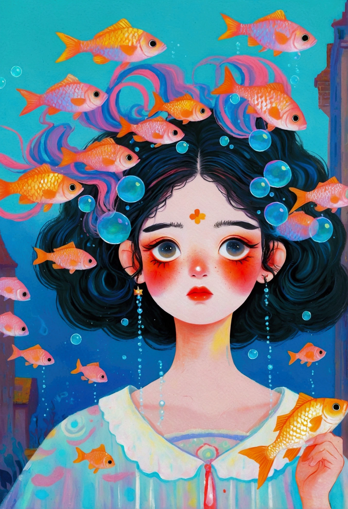 Pastel Art Illustration：A painting of a woman with fish in her hair,Bubbles， Jin Nong&#39;s Surrealism, Winner of the Behance competition, Pop surrealism, Color illustrations, A beautiful artistic illustration, Colorfull illustration, Pop surrealism art style, Digital illustration style, Fantasy illustrations, Illustration Art, Magical surrealism, Digital fantasy illustration, Pop surrealism lowbrow art style,Solid color background
